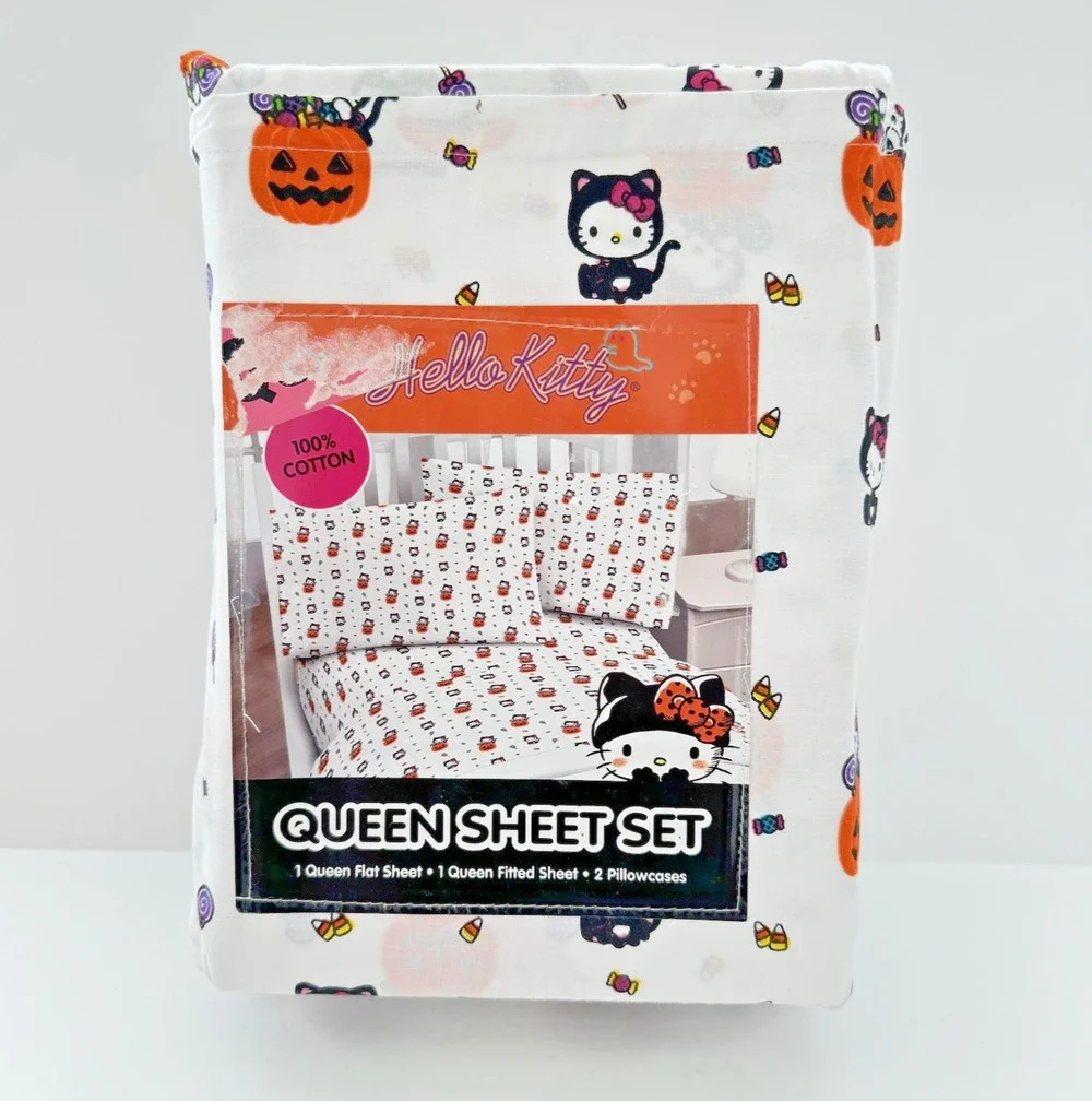NWT Sanrio HELLO KITTY Queen Sheet Set HALLOWEEN Pumpkin Black Cat 4-PC Cotton
